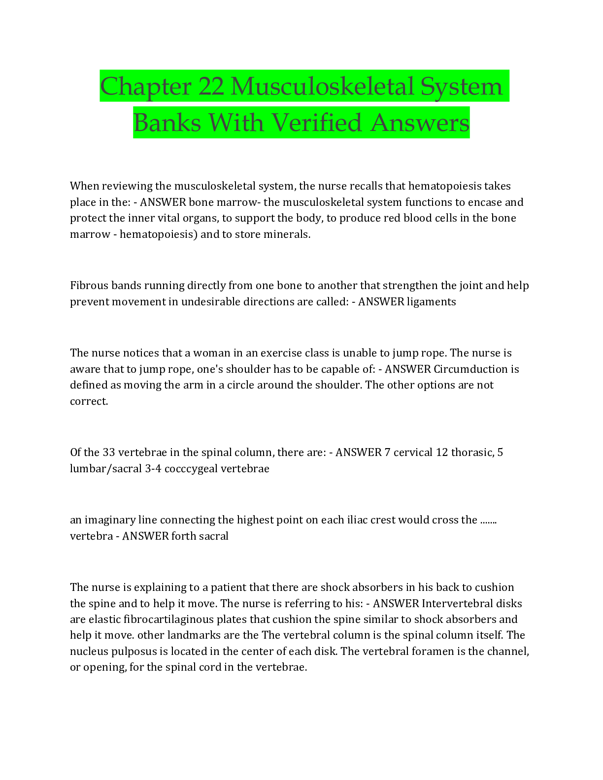 Preview image for Chapter 22 Musculoskeletal System  Banks With Verified Answers